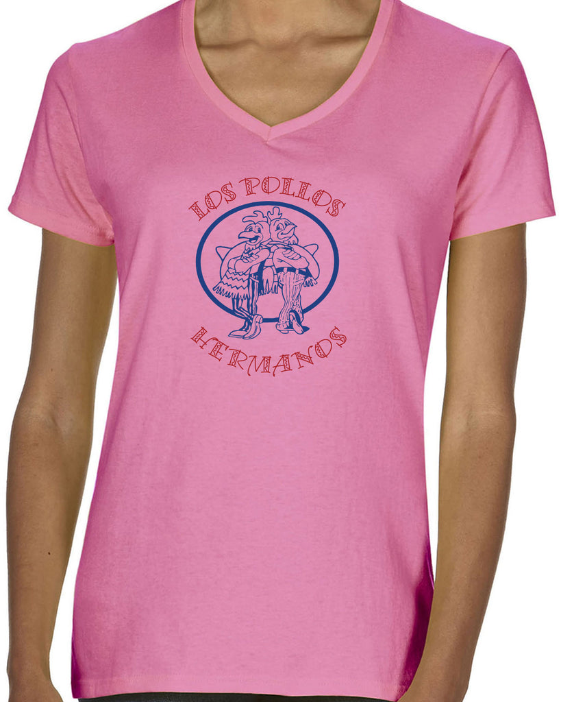 Los Pollos Hermanos Womens V-Neck Shirt Funny Breaking Bad Fried Chicken Walt White TV Show Vintage Retro