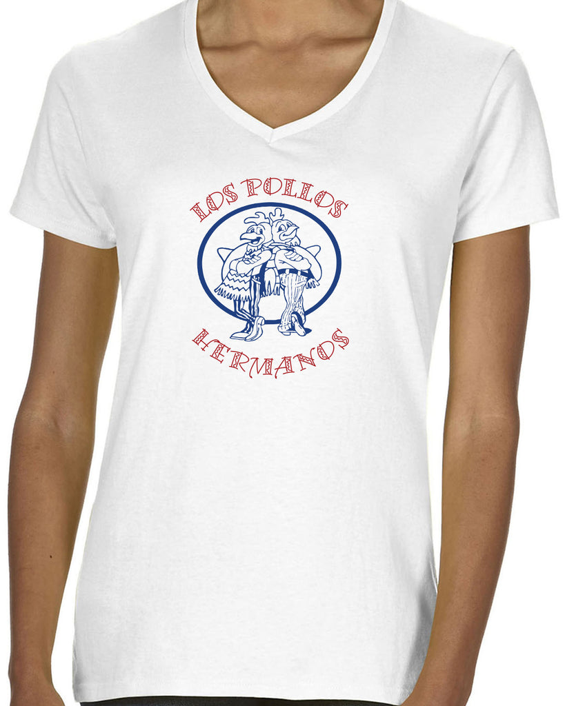 Los Pollos Hermanos Womens V-Neck Shirt Funny Breaking Bad Fried Chicken Walt White TV Show Vintage Retro