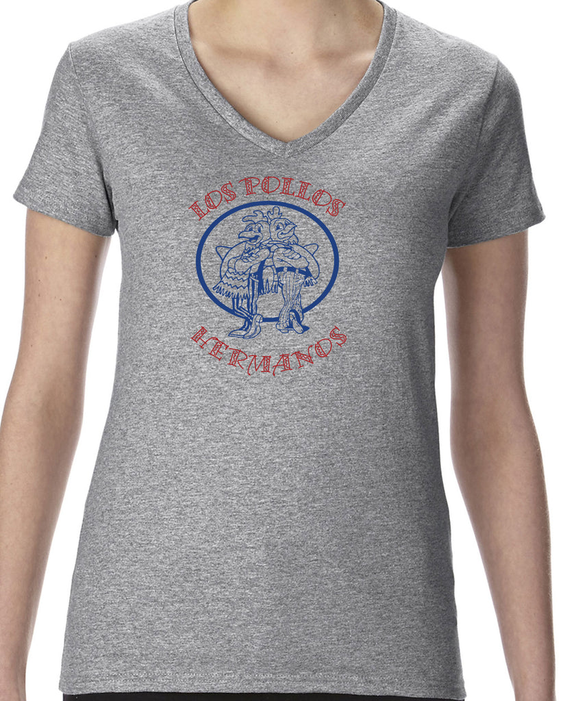 Los Pollos Hermanos Womens V-Neck Shirt Funny Breaking Bad Fried Chicken Walt White TV Show Vintage Retro
