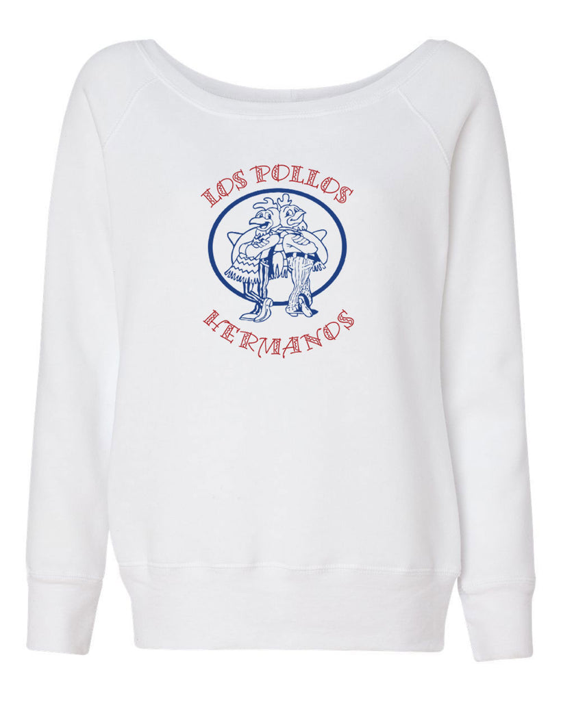 Los Pollos Hermanos Womens Off The Shoulder Crew Sweatshirt Funny Breaking Bad Fried Chicken Walt White TV Show Vintage Retro