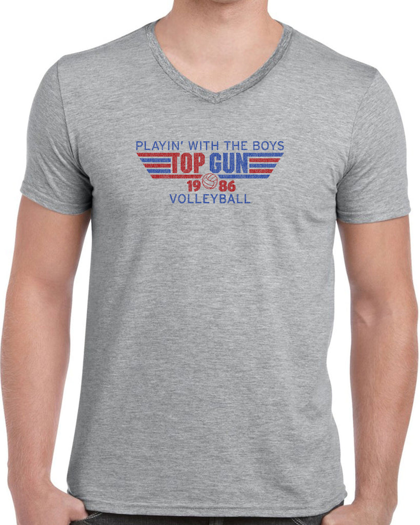 Top Gun Volleyball Mens V-Neck Shirt Fighter Pilot 80s Movie Party Halloween Costume Vintage Retro