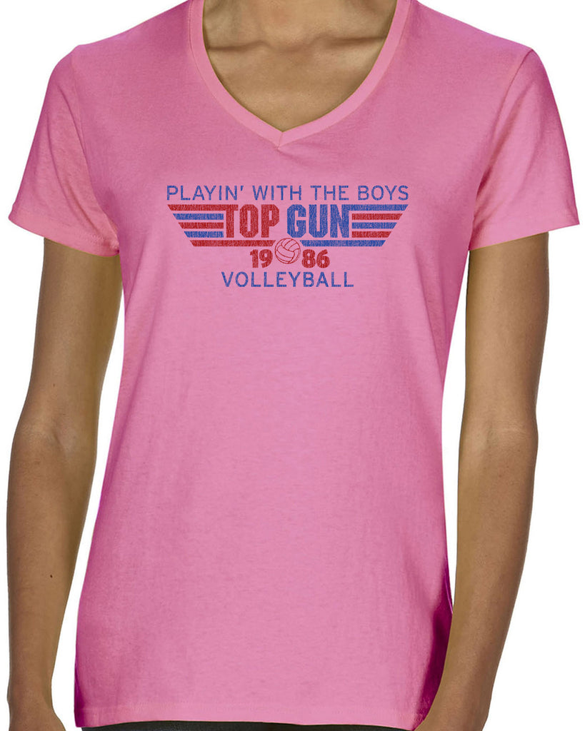 Top Gun Volleyball Womens V-Neck T-Shirt Fighter Pilot 80s Movie Party Halloween Costume Vintage Retro