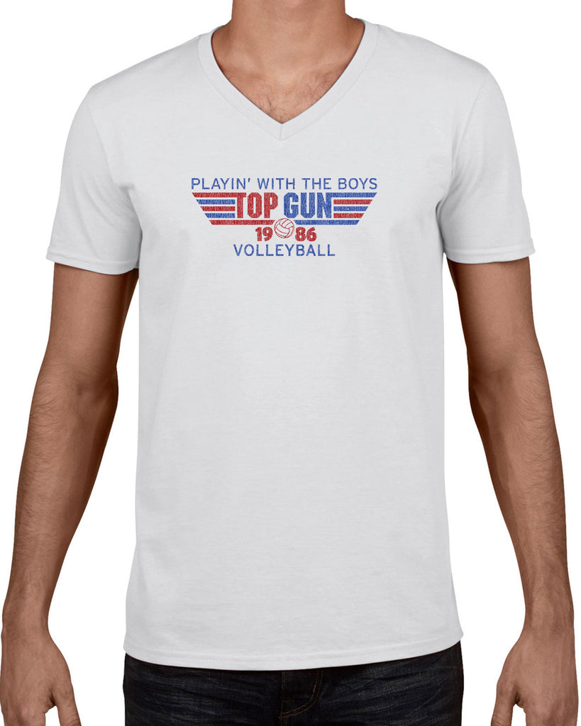 Top Gun Volleyball Mens V-Neck Shirt Fighter Pilot 80s Movie Party Halloween Costume Vintage Retro