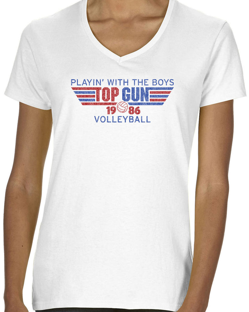 Top Gun Volleyball Womens V-Neck T-Shirt Fighter Pilot 80s Movie Party Halloween Costume Vintage Retro