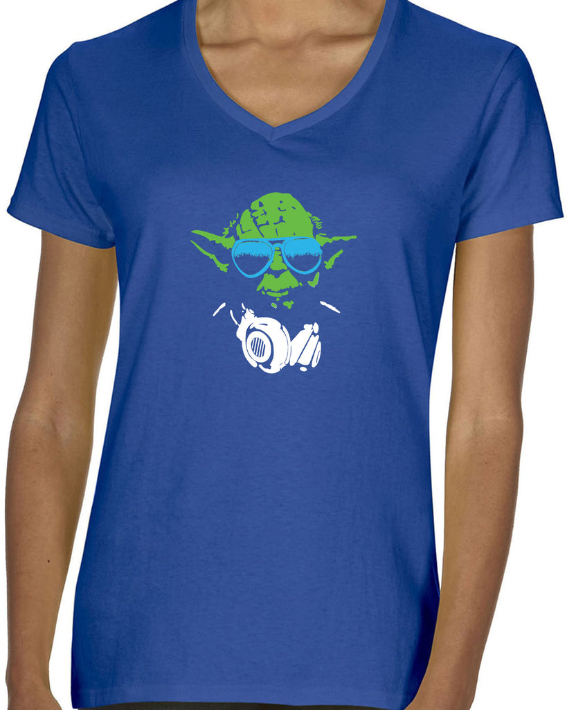 DJ Yoda Womens V-Neck Shirt Jedi Light Saber Movie Star Geek Nerd Wars Vintage Retro
