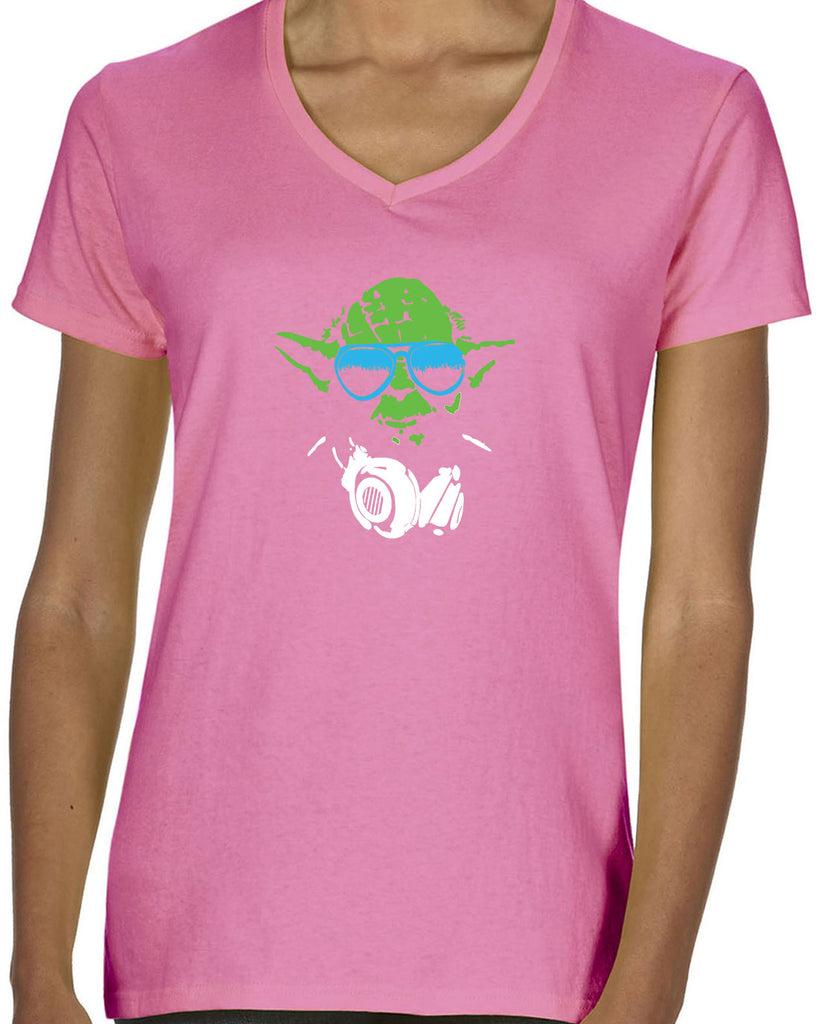 DJ Yoda Womens V-Neck Shirt Jedi Light Saber Movie Star Geek Nerd Wars Vintage Retro
