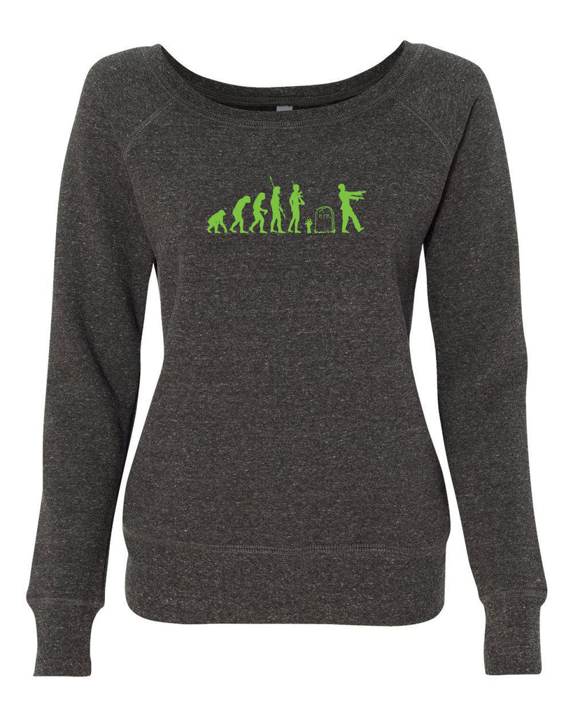 Zombie Evolution Womens Off The Shoulder Crew Sweatshirt Funny Dead Undead Walking Dead Scary Horror Halloween Costume