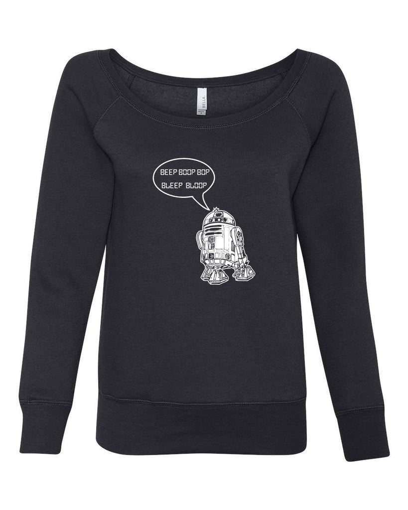 Beep Boop Bop Bleep Bloop Womens Off The Shoulder Crew Sweatshirt Funny Droid Star Wars 3CPO Jedi Geek Nerd