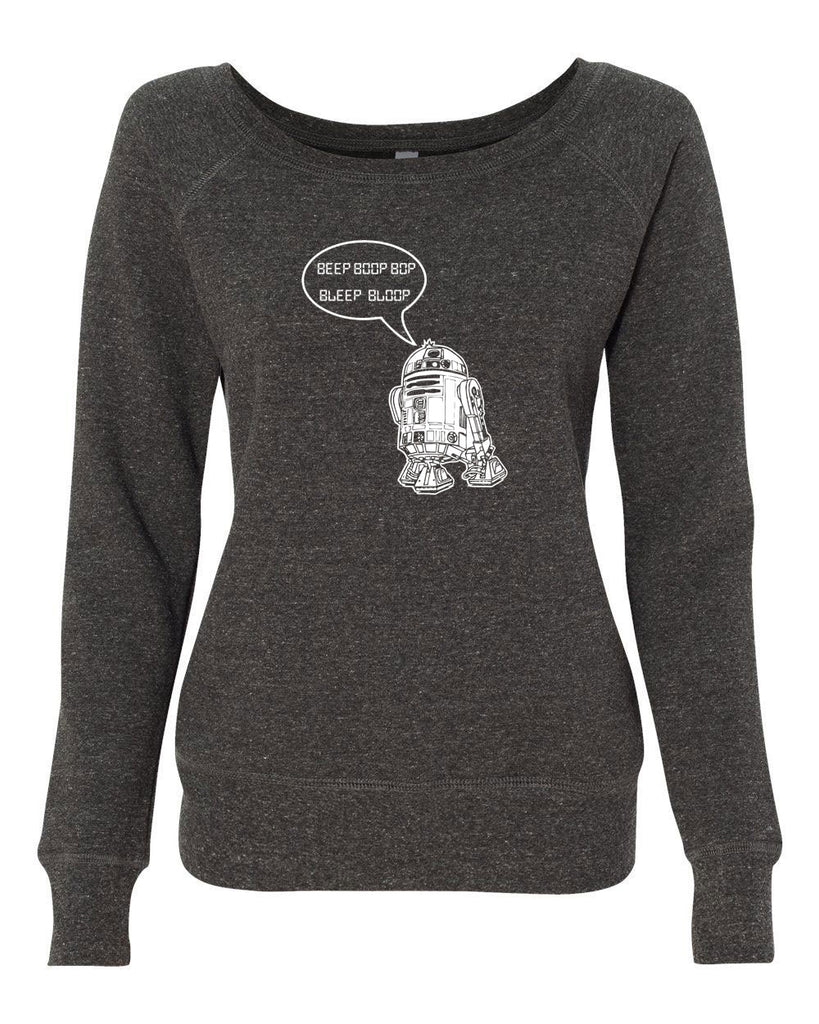 Beep Boop Bop Bleep Bloop Womens Off The Shoulder Crew Sweatshirt Funny Droid Star Wars 3CPO Jedi Geek Nerd