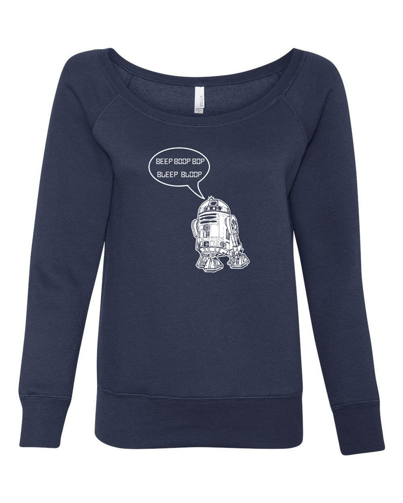 Beep Boop Bop Bleep Bloop Womens Off The Shoulder Crew Sweatshirt Funny Droid Star Wars 3CPO Jedi Geek Nerd