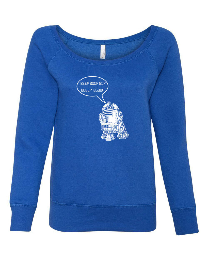 Beep Boop Bop Bleep Bloop Womens Off The Shoulder Crew Sweatshirt Funny Droid Star Wars 3CPO Jedi Geek Nerd