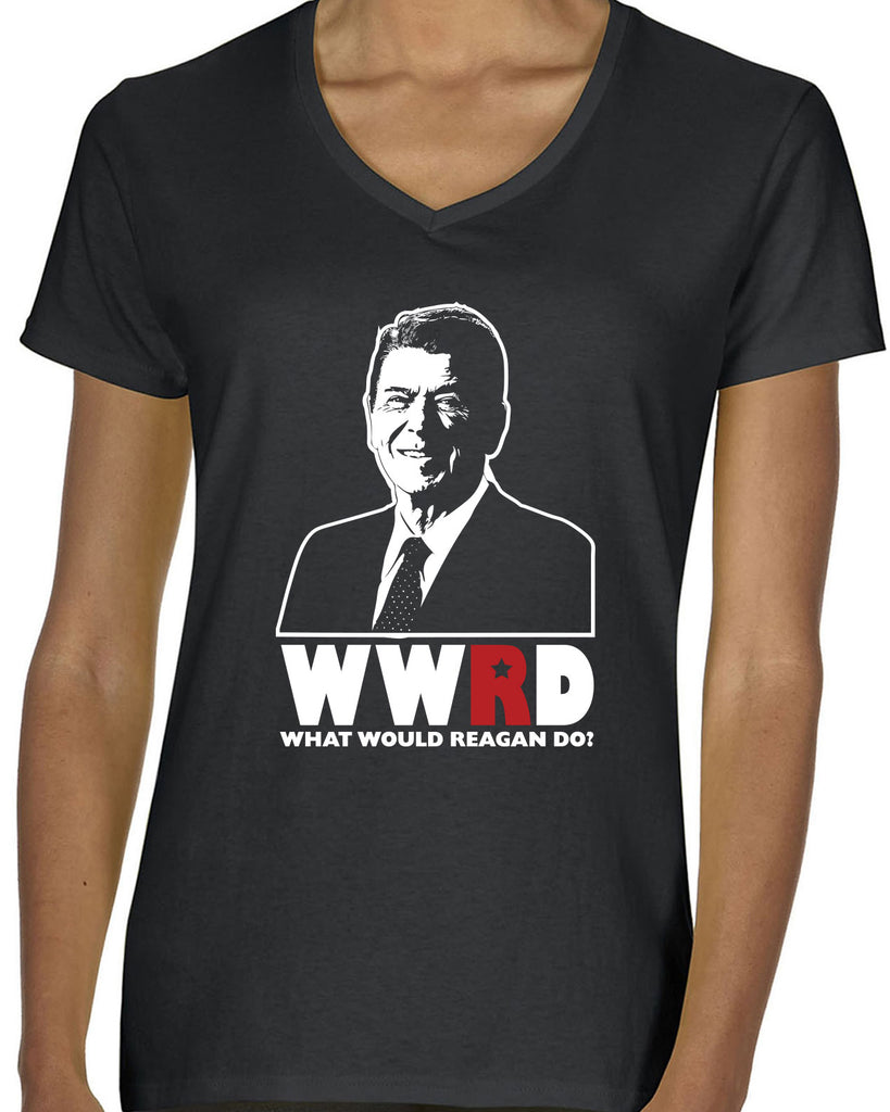 What Would Reagan Do? Bush 1984 Womens V-neck T-Shirt election campaign rally president 80s party costume vintage retro