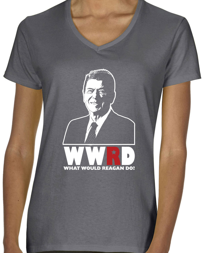 What Would Reagan Do? Bush 1984 Womens V-neck T-Shirt election campaign rally president 80s party costume vintage retro