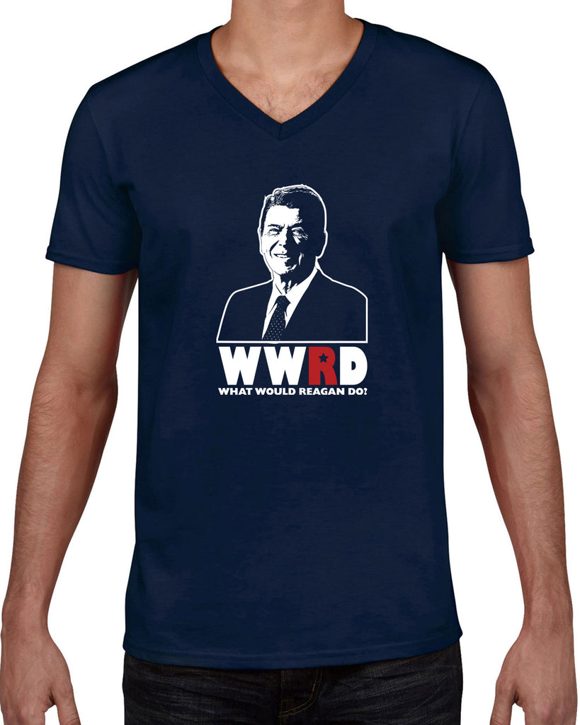What Would Reagan Do? Bush 1984 Mens V-neck T-Shirt election campaign rally president 80s party costume vintage retro