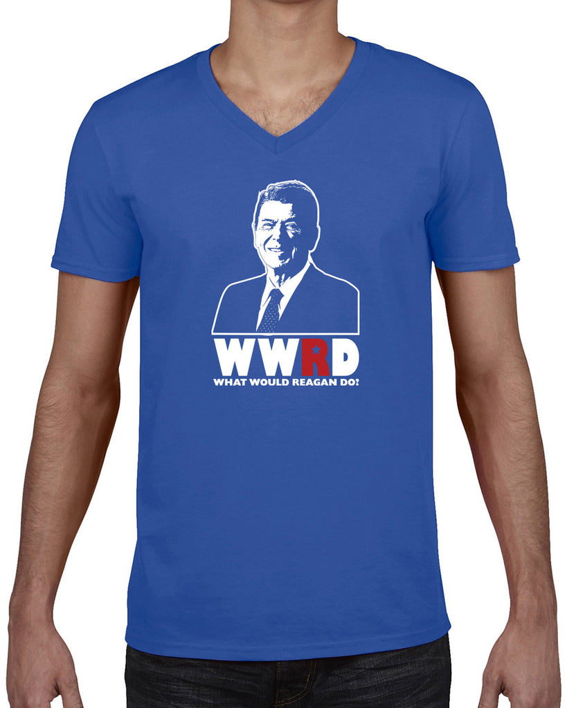 What Would Reagan Do? Bush 1984 Mens V-neck T-Shirt election campaign rally president 80s party costume vintage retro
