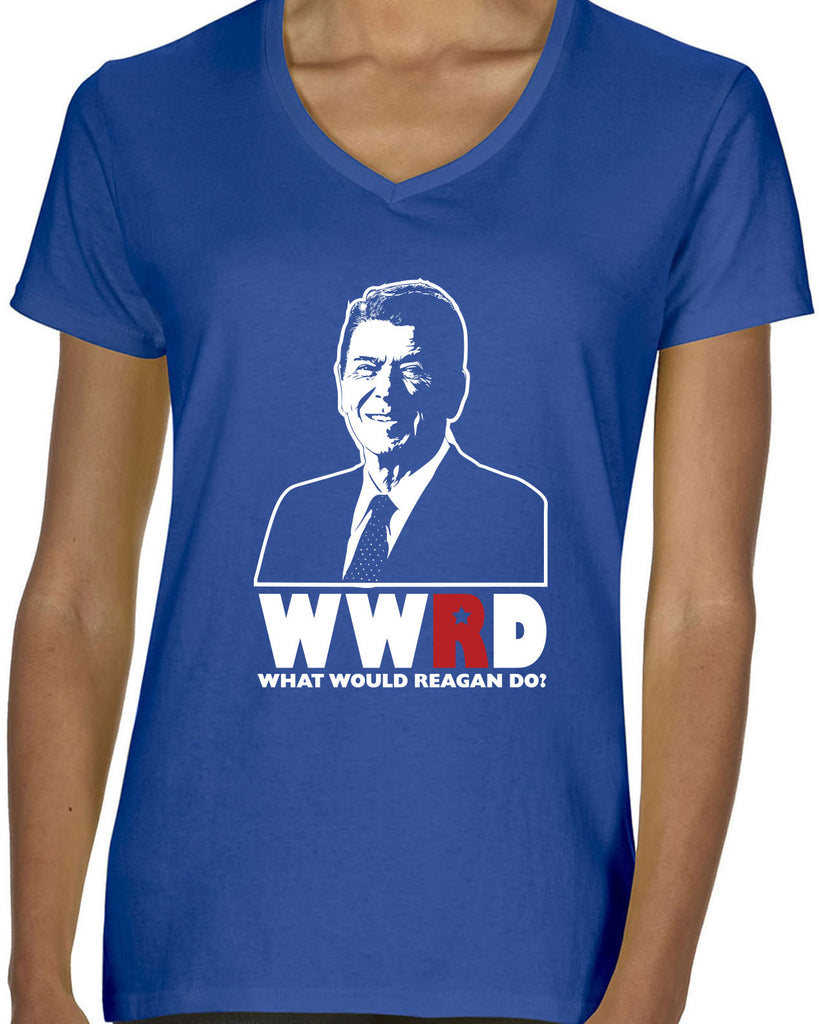 What Would Reagan Do? Bush 1984 Womens V-neck T-Shirt election campaign rally president 80s party costume vintage retro