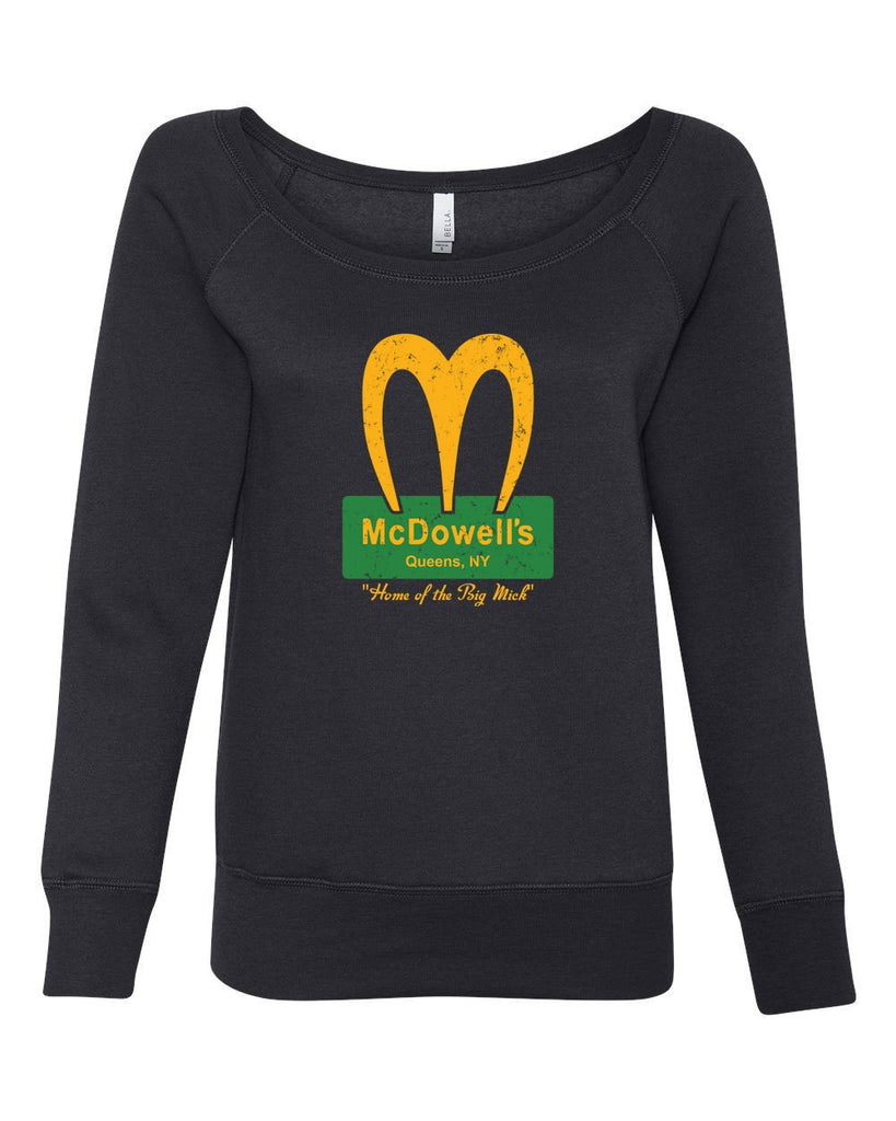 McDowells Funny Womens Off The Shoulder Crew Sweatshirt Coming To America 80s Movie Comedy Randy Watson Halloween Costume