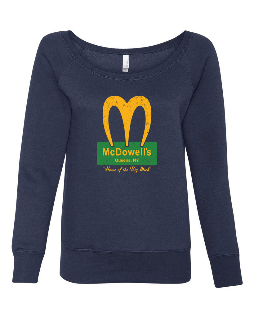 McDowells Funny Womens Off The Shoulder Crew Sweatshirt Coming To America 80s Movie Comedy Randy Watson Halloween Costume