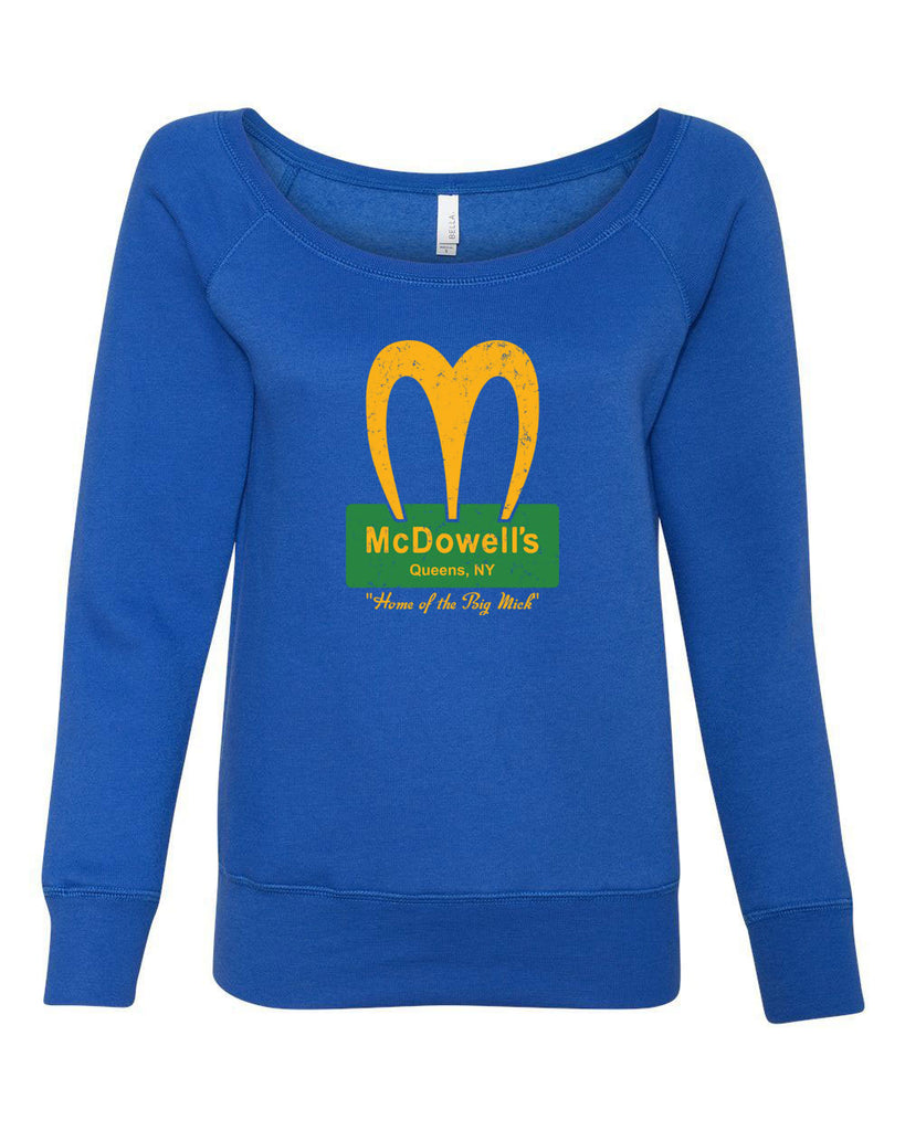 McDowells Funny Womens Off The Shoulder Crew Sweatshirt Coming To America 80s Movie Comedy Randy Watson Halloween Costume