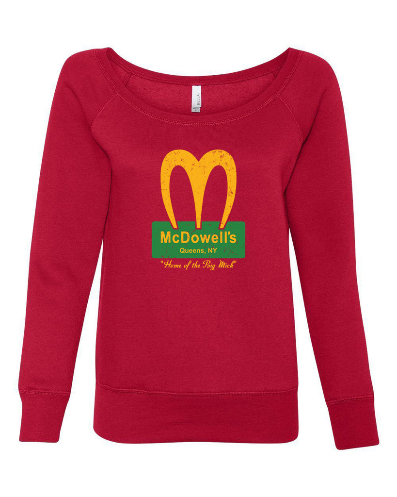 McDowells Funny Womens Off The Shoulder Crew Sweatshirt Coming To America 80s Movie Comedy Randy Watson Halloween Costume