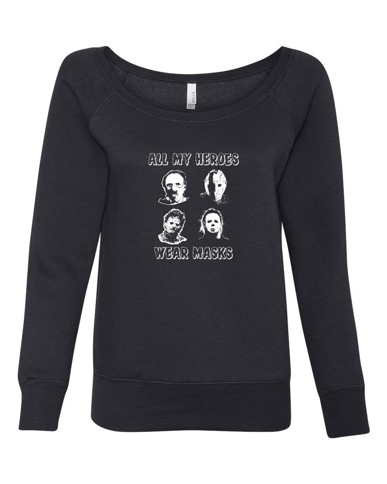 Women's Off the Shoulder Sweatshirt - All My Heroes Wear Masks