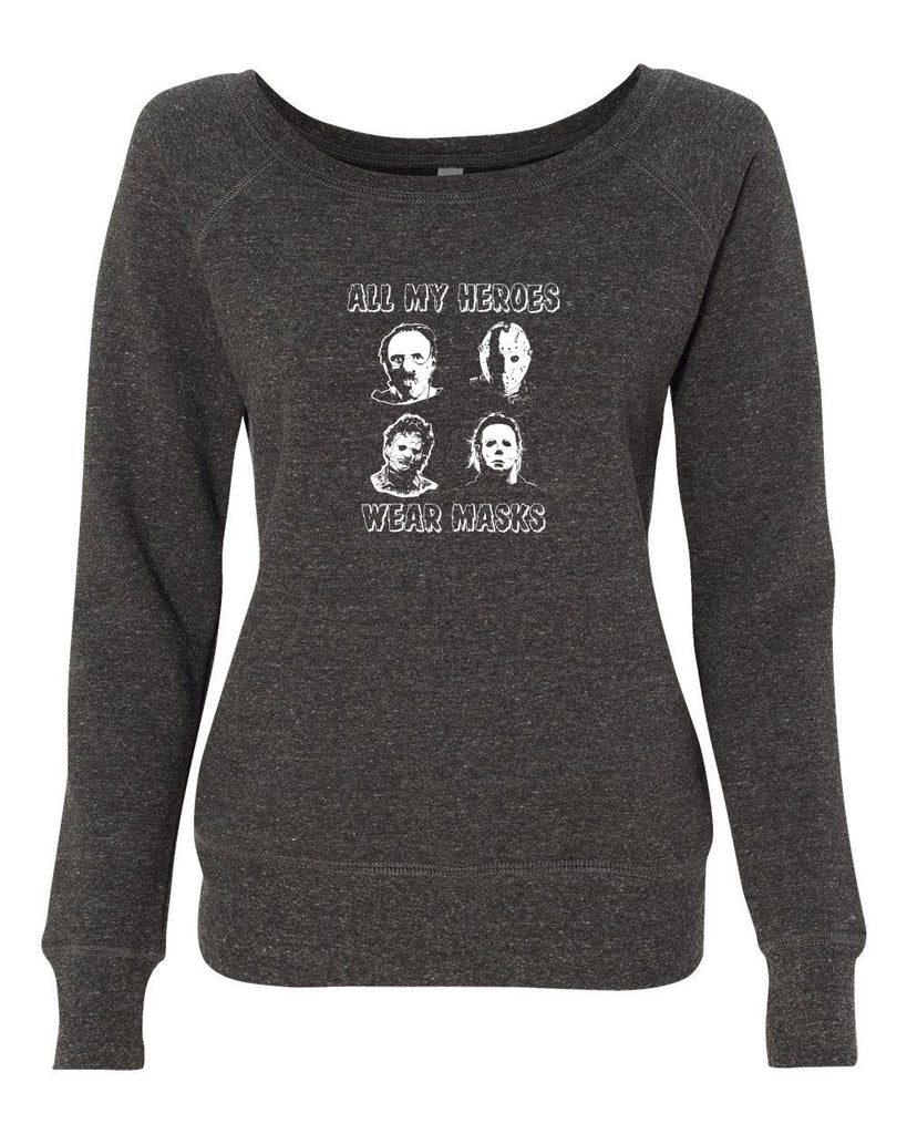 All My Heroes Wear Masks Womens Off the Shoulder Crew Sweatshirt Horror Scary Movie Halloween Costume Friday The 13th Texas Chainsaw Massacre Costume