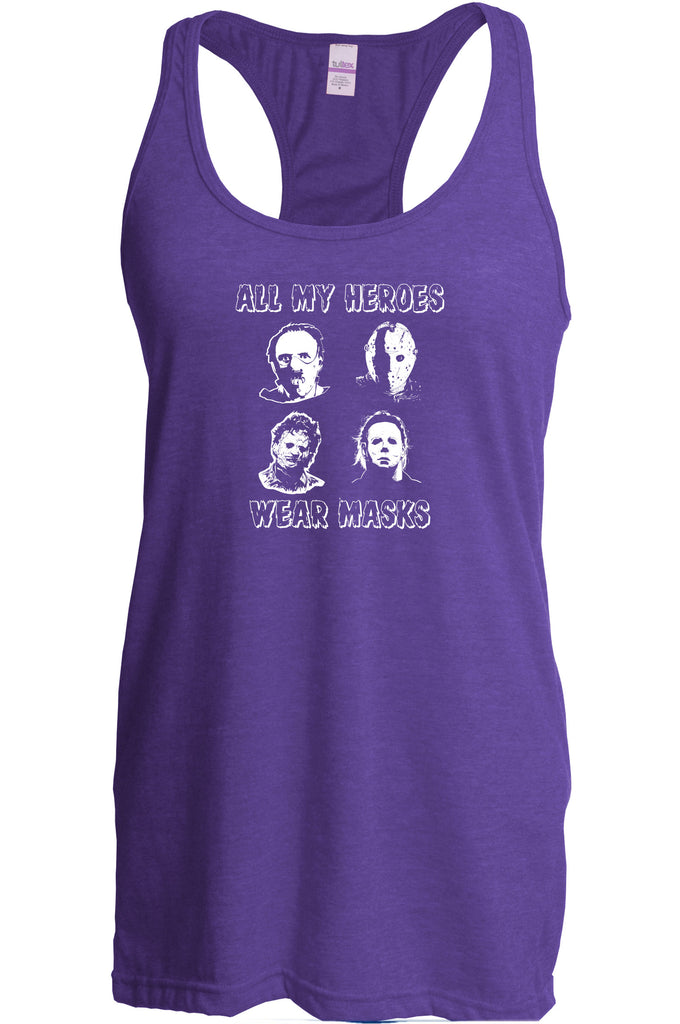 All My Heroes Wear Masks Racer Back Racerback Tank Top Horror Scary Movie Halloween Costume Friday The 13th Texas Chainsaw Massacre Costume