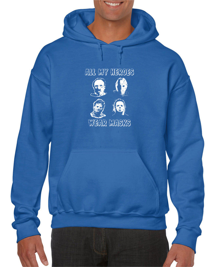 All My Heroes Wear Masks Hoodie Hooded Sweatshirt Horror Scary Movie Halloween Costume Friday The 13th Texas Chainsaw Massacre Costume