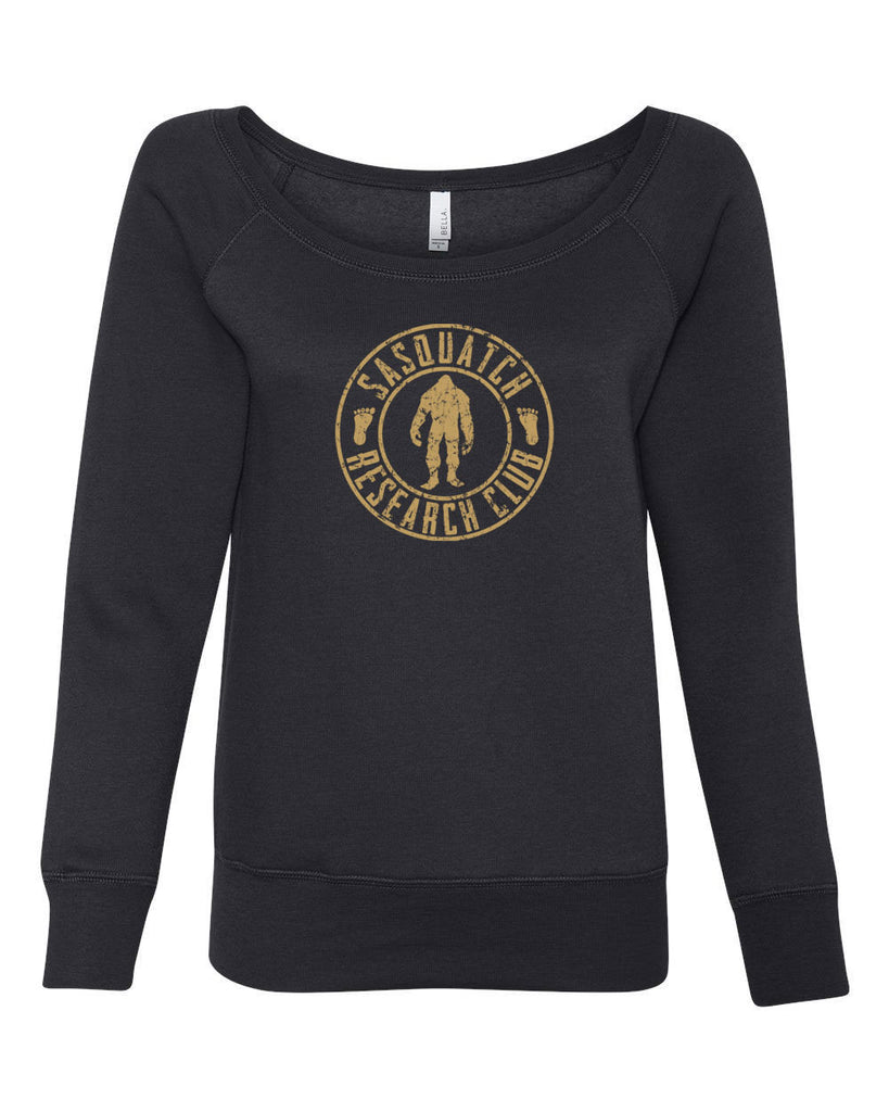 Sasquatch Research Club Womens Off The Shoulder Crew Sweatshirt Yeti Bigfoot Squatching Gone Squatchin Squatch College Party Vintage