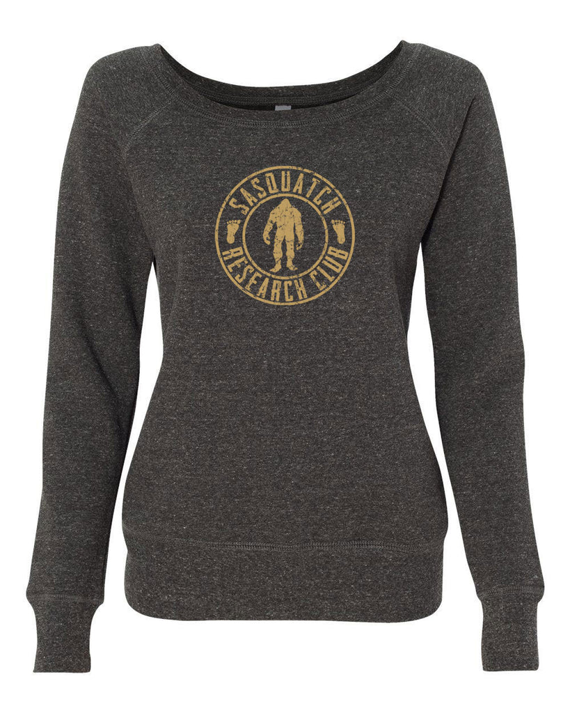 Sasquatch Research Club Womens Off The Shoulder Crew Sweatshirt Yeti Bigfoot Squatching Gone Squatchin Squatch College Party Vintage