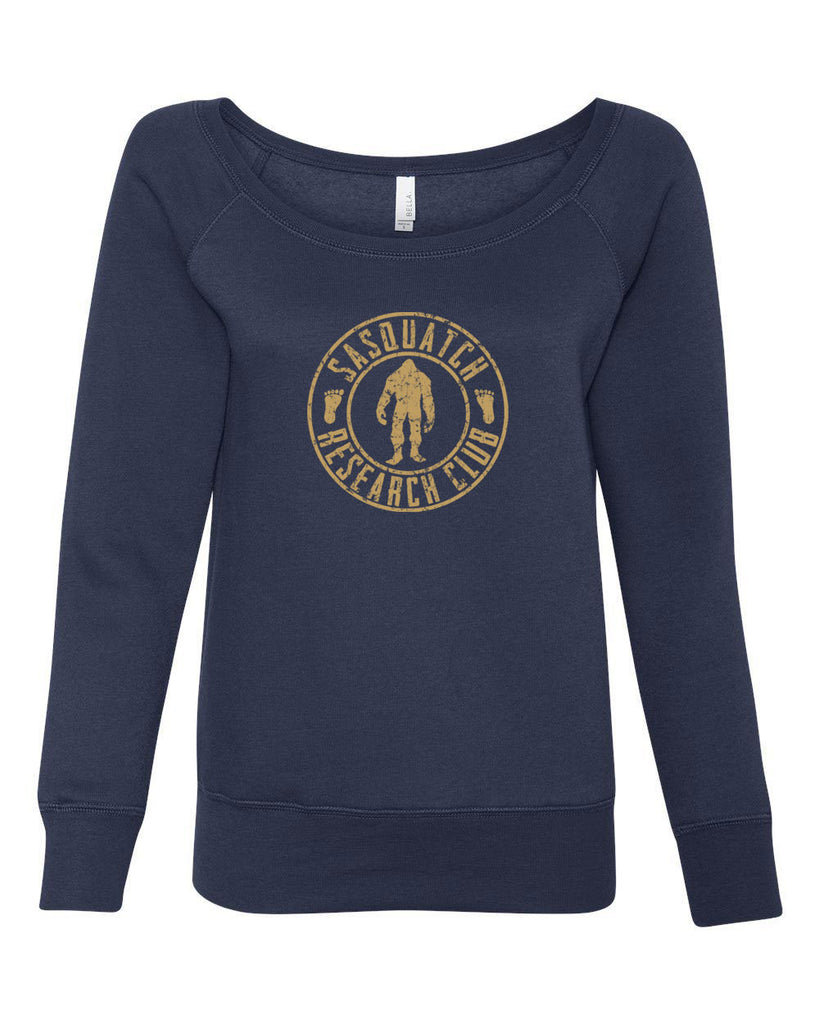 Sasquatch Research Club Womens Off The Shoulder Crew Sweatshirt Yeti Bigfoot Squatching Gone Squatchin Squatch College Party Vintage