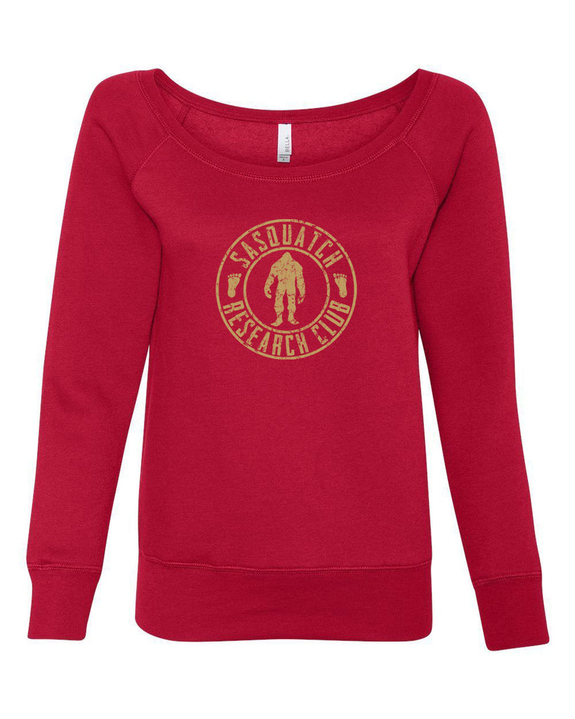 Sasquatch Research Club Womens Off The Shoulder Crew Sweatshirt Yeti Bigfoot Squatching Gone Squatchin Squatch College Party Vintage