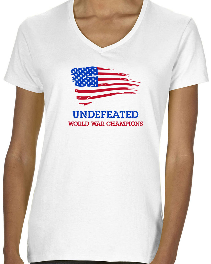 Undefeated World War Champions Womens V-Neck Shirt Army Military Marines Back to Back Navy America USA Vintage Retro