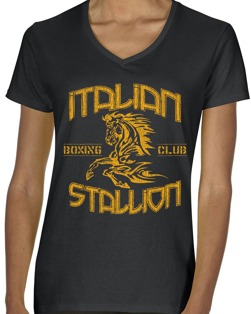 Hot Press Apparel Italian Stallion Women's Shirt V Neck Ladies Apparel Boxer Fighter World Champion Gift Present Costume Party College Funny Humor Halloween Horse Stud Muscles Dad Grandpa Boyfriend
