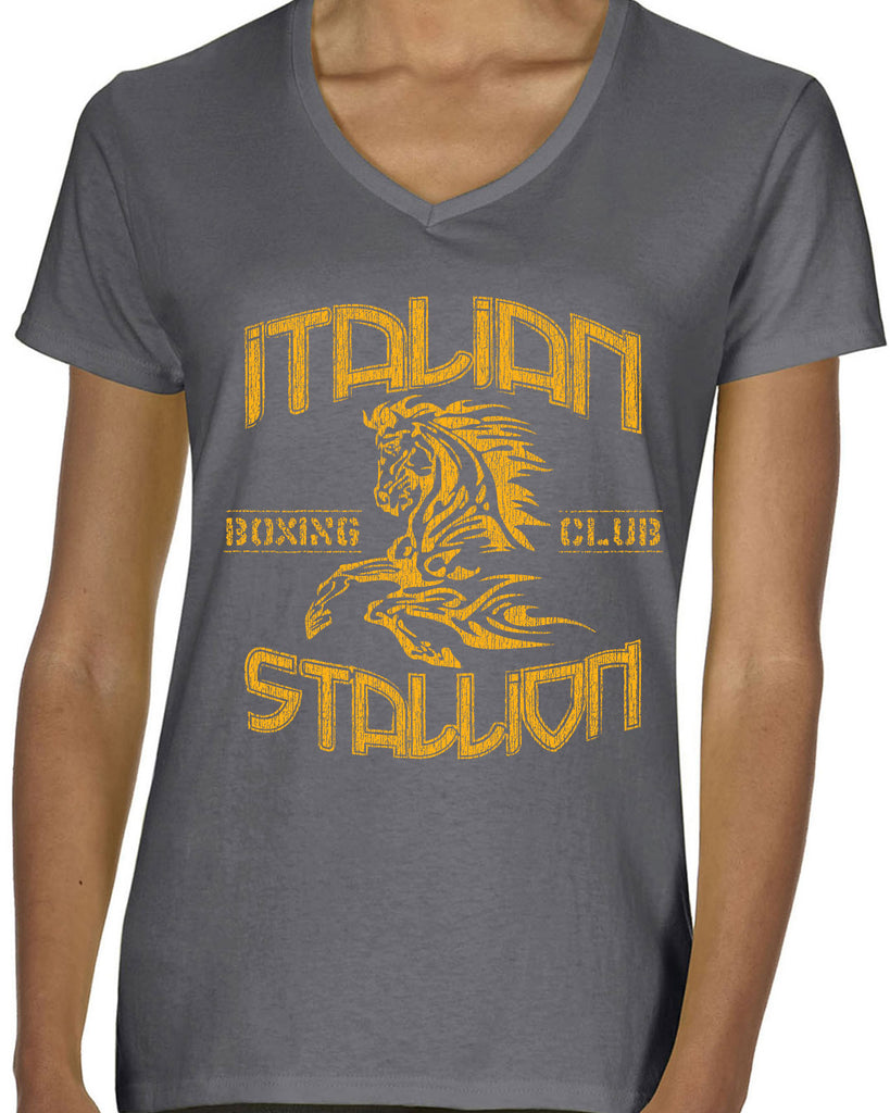 Hot Press Apparel Italian Stallion Women's Shirt V Neck Ladies Apparel Boxer Fighter World Champion Gift Present Costume Party College Funny Humor Halloween Horse Stud Muscles Dad Grandpa Boyfriend