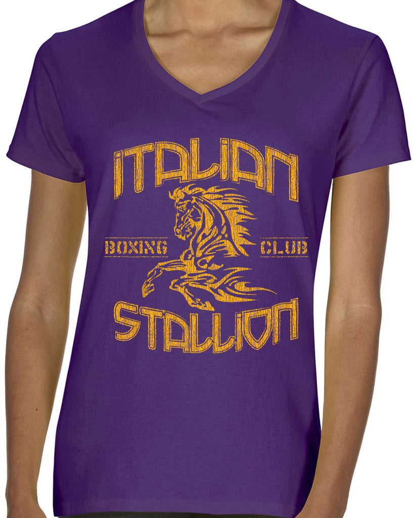 Hot Press Apparel Italian Stallion Women's Shirt V Neck Ladies Apparel Boxer Fighter World Champion Gift Present Costume Party College Funny Humor Halloween Horse Stud Muscles Dad Grandpa Boyfriend