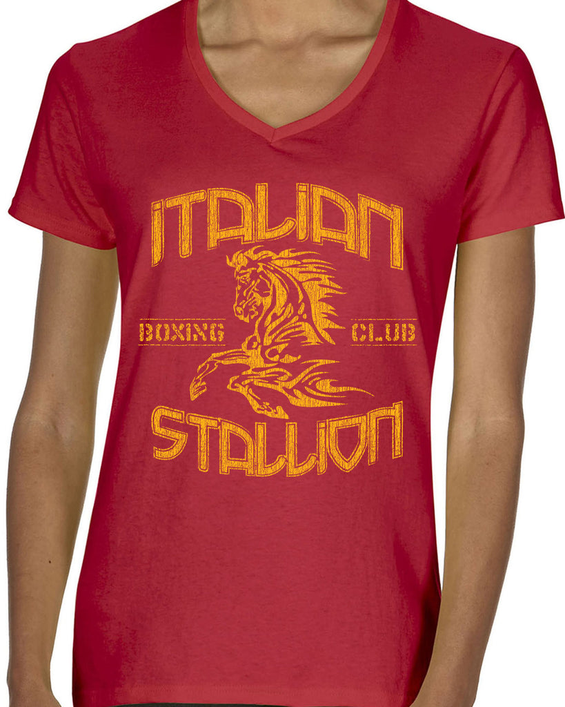 Hot Press Apparel Italian Stallion Women's Shirt V Neck Ladies Apparel Boxer Fighter World Champion Gift Present Costume Party College Funny Humor Halloween Horse Stud Muscles Dad Grandpa Boyfriend