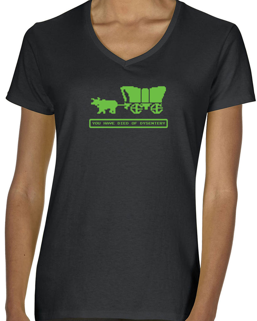 Died of Dysentery Womens V Neck Shirt Funny Video Computer Game Oregon Trail 80s Vintage Retro