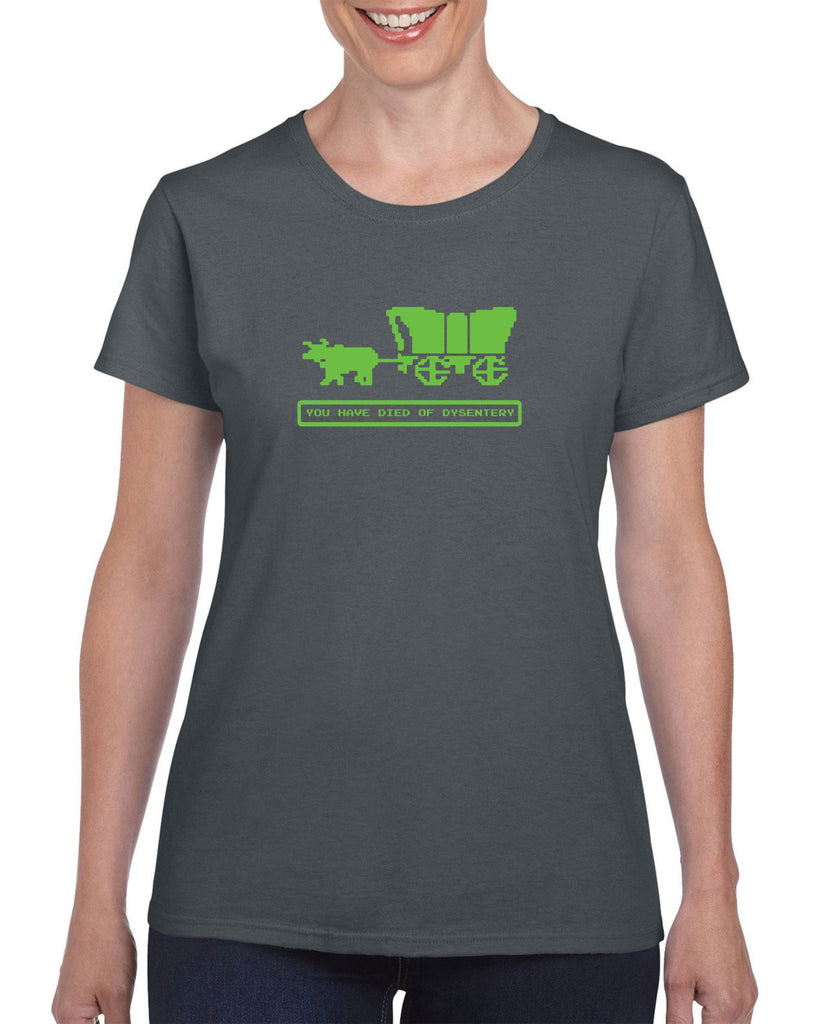 Died of Dysentery Womens T-Shirt Funny Video Computer Game Oregon Trail 80s Vintage Retro