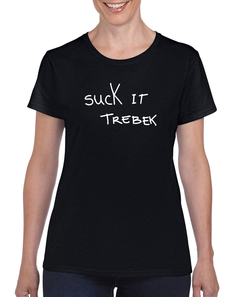 Suck It Trebek Womens T-Shirt Funny Gameshow Jeopardy Alex Trebek Tribute Saturday Night Live Vintage Retro