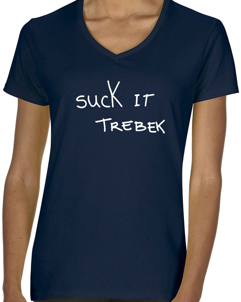 Suck It Trebek Womens V Neck Shirt Funny Gameshow Jeopardy Alex Trebek Tribute Saturday Night Live Vintage Retro