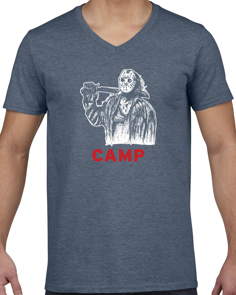 Camp V-neck Short Sleeve Shirt camp crystal lake jason voorhees scary movie horror film 80s slasher halloween costume Edit alt text