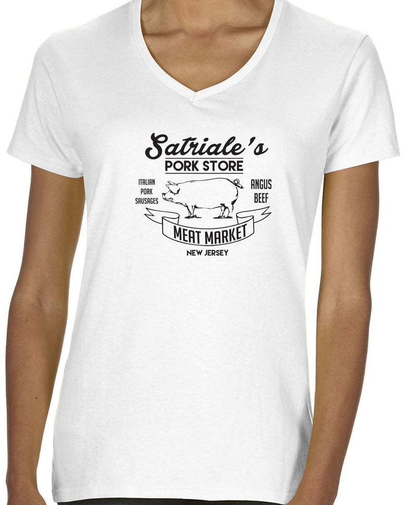 Satriales Pork Store Womens V Neck Shirt Mafia Mobsters Gangster The Sopranos Tv Show Tony New Jersey Bada Bing