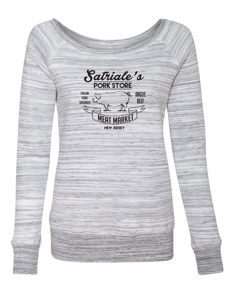 Satriales Pork Store Womens Off The Shoulder Crew Sweatshirt Mafia Mobsters Gangster The Sopranos Tv Show Tony New Jersey Bada Bing