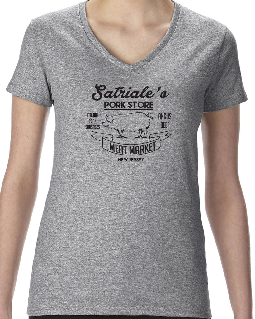 Satriales Pork Store Womens V Neck Shirt Mafia Mobsters Gangster The Sopranos Tv Show Tony New Jersey Bada Bing