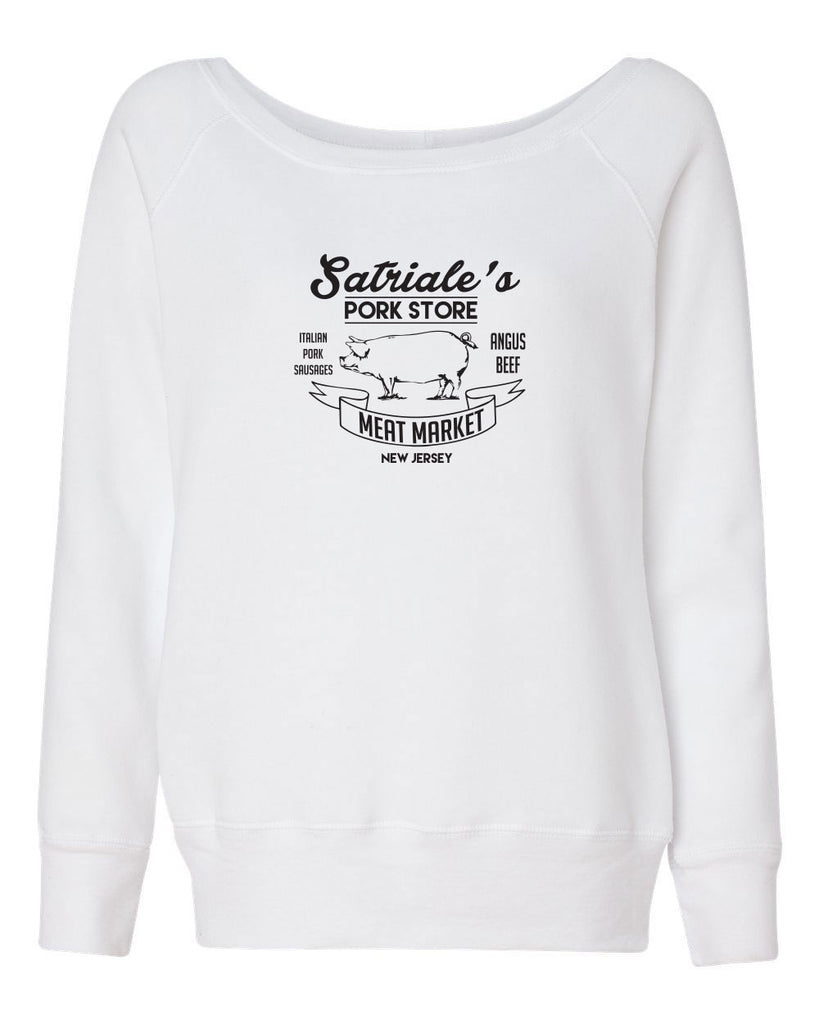 Satriales Pork Store Womens Off The Shoulder Crew Sweatshirt Mafia Mobsters Gangster The Sopranos Tv Show Tony New Jersey Bada Bing