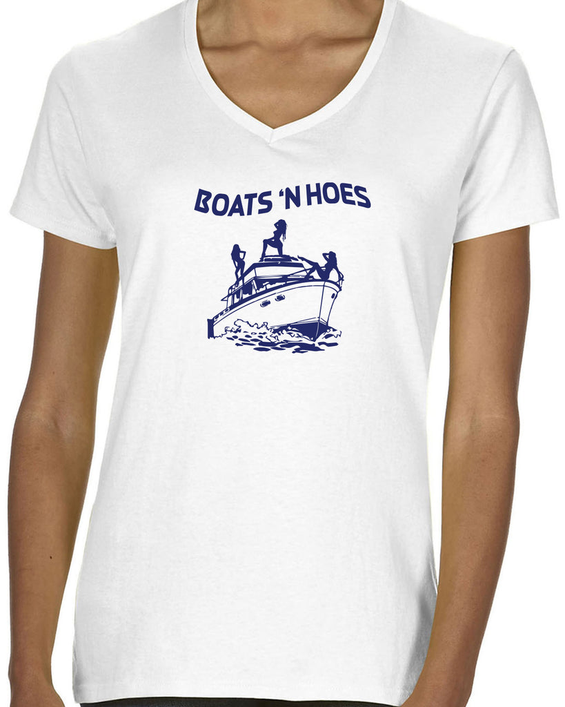Boats N Hoes Womens V Neck Shirt Step Brothers Movie Prestige Worldwide Funny Music Party
