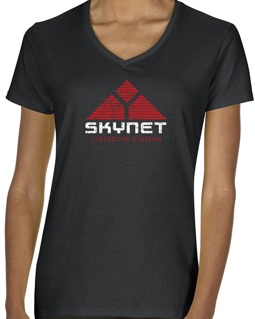 Skynet Cyberdyne Systems Womens V Neck Shirt Terminator 90s 80s Judgement Day Movie Vintage Retro