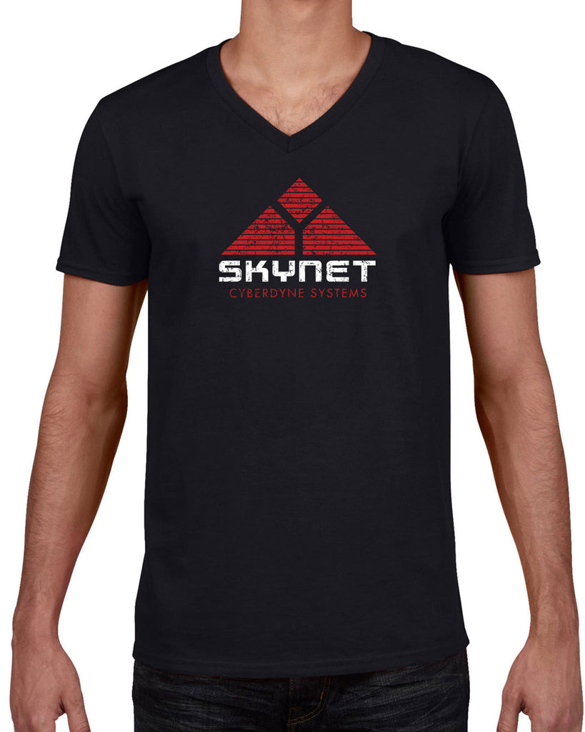 Skynet Cyberdyne Systems Mens V Neck Shirt Terminator 90s 80s Judgement Day Movie Vintage Retro