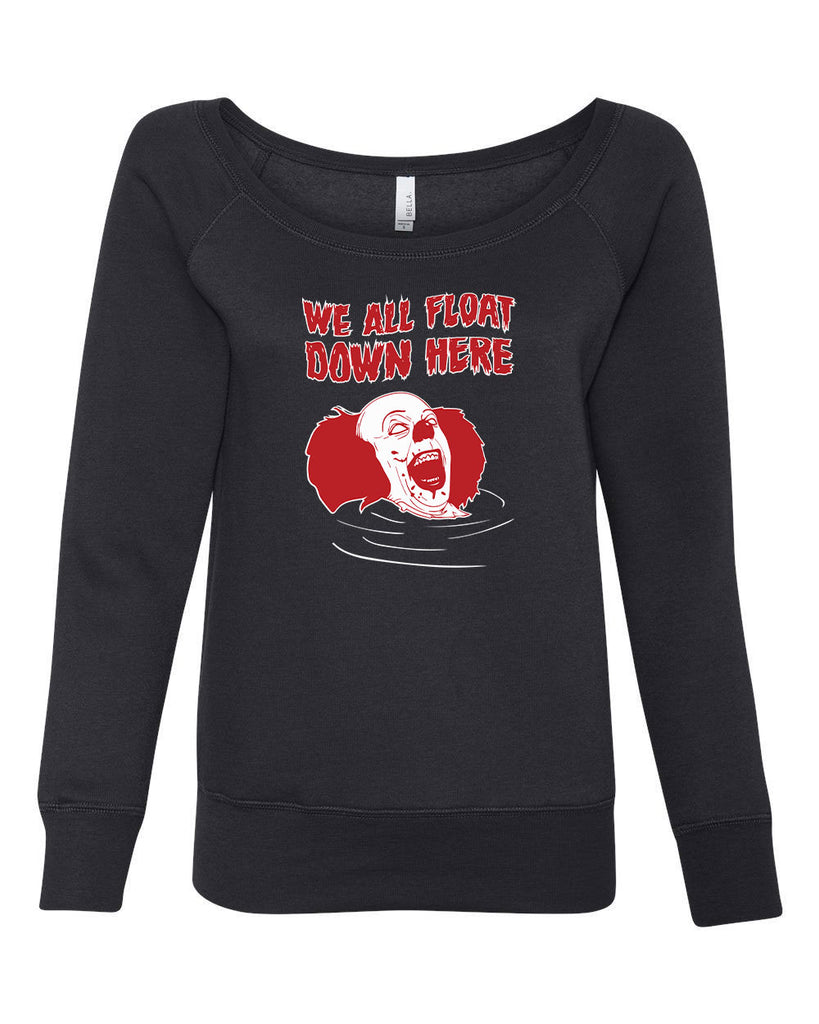 We All Float Down Here Womens Off the Shoulder Sweatshirt scary horror movie Halloween pennywise It clown creppy Vintage Retro